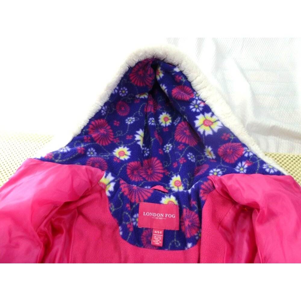 London Fog Girls Pink Puffer Coat W/ Hood & Floral Fleece Interior Size M 5-6 - Picture 3 of 11